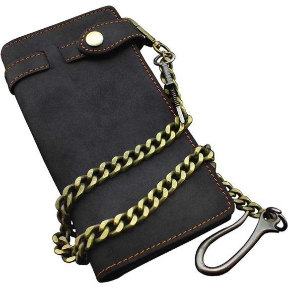Men's Vintage Black Leather Biker Wallet Purse With Brass Cuban Link Key Chain